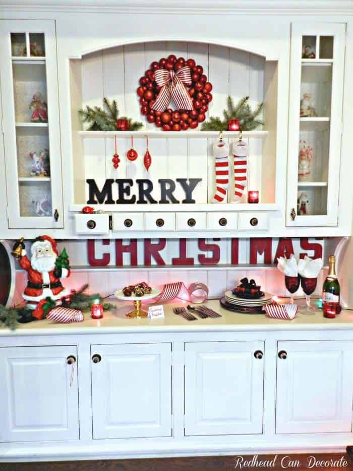 Enhance a Kitchen Hutch with Vibrant Christmas Decorations