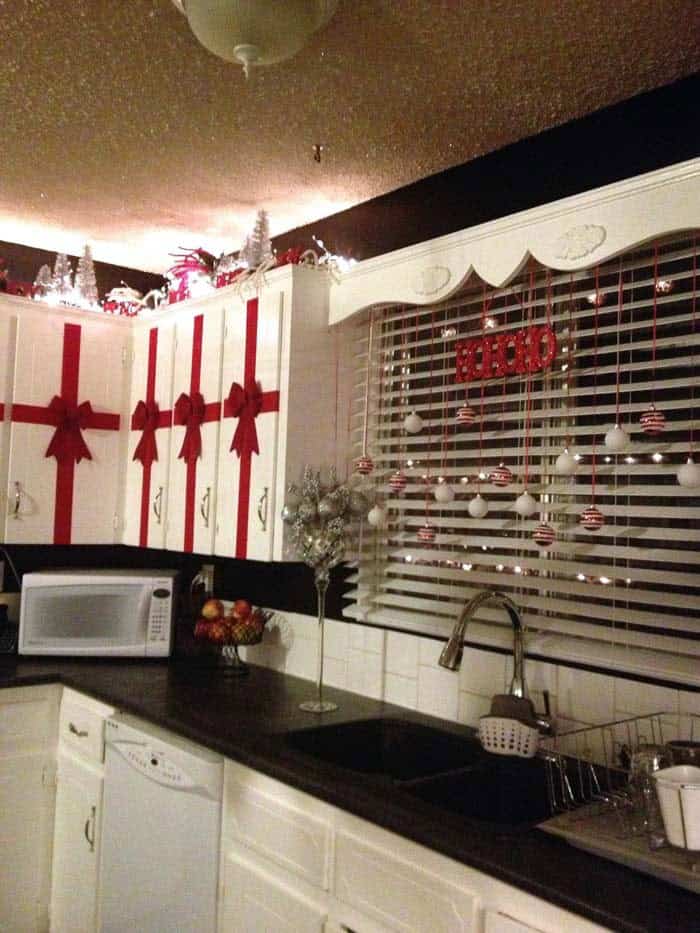 Decorate Kitchen Cupboards with Red Ribbon Bows