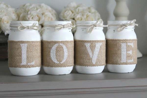 Painted Love Letters on Burlap Wrapped Jars