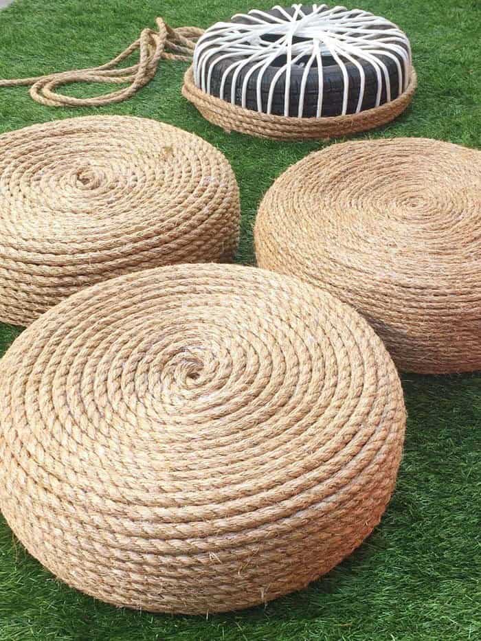 Recycle Tires to Make Rope Ottoman Seats