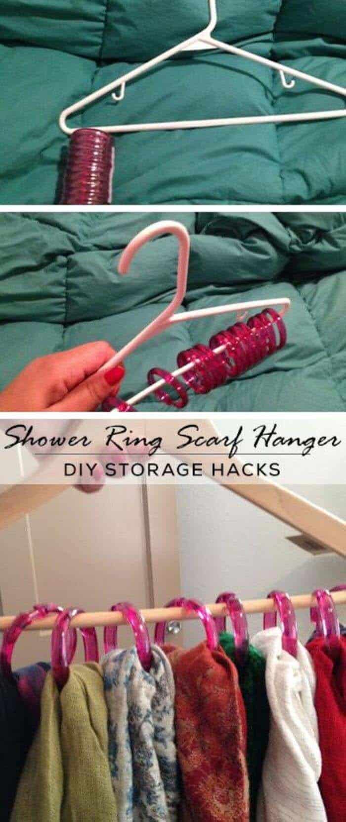 Organize Scarves with a Shower Ring Set and Wooden Hanger