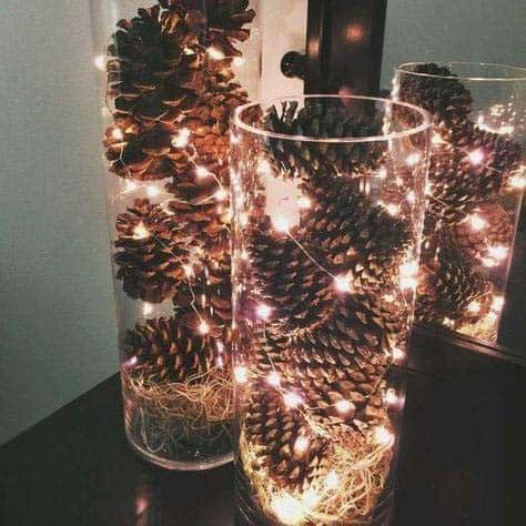 Put Christmas Lights and Pinecones in Vases