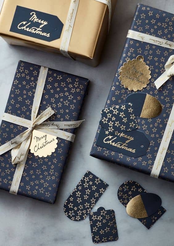 Wrap Christmas Gifts with Navy Blue and Gold