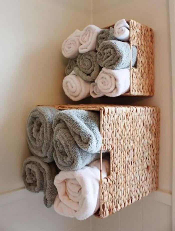 Maximize Bathroom Corner Space with Wicker Baskets