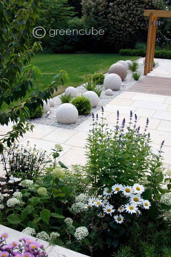 Zen Garden With White Gravel and Globes