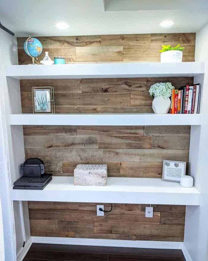 Wood Panel Wall With Floating Shelves