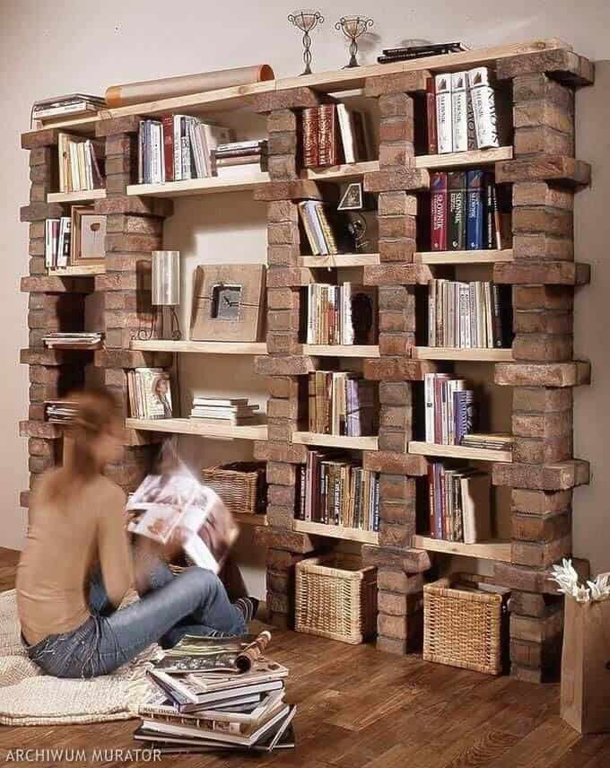 Wall Bookshelf From Reclaimed Bricks, Sturdy Pine