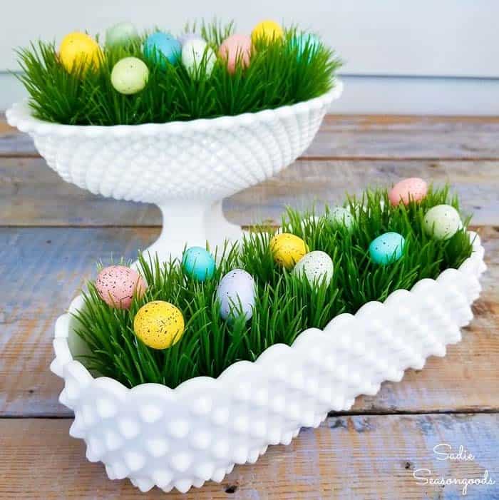 Easter Egg Display in Elegant Grass-Filled Bowls