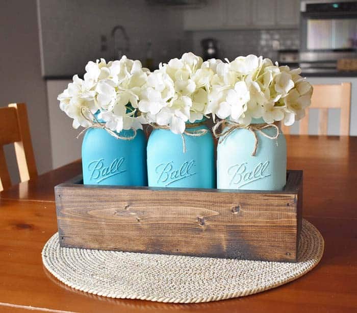 Farmhouse Blue Ombre Mason Jars and White Flowers