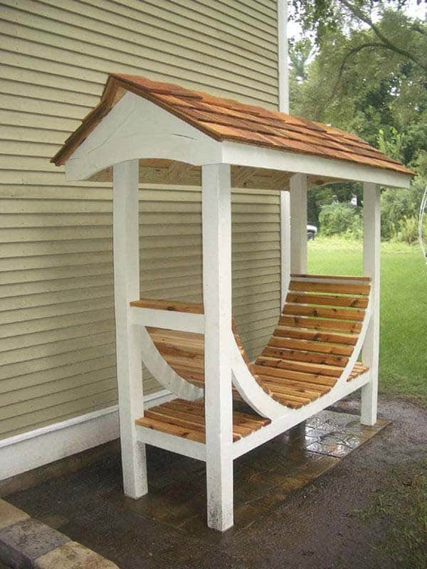 Curved Firewood Rack With Shingled Metal Roof