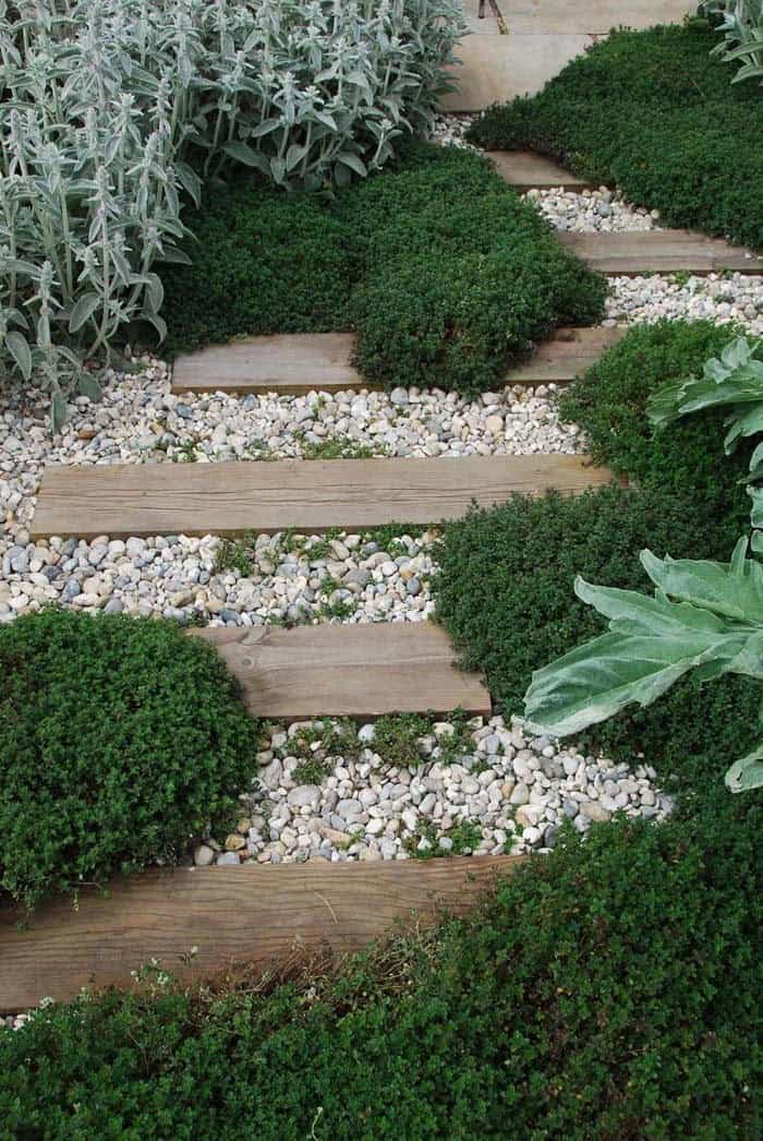 Natural Garden Walkway with Pebbles and Wooden Slats