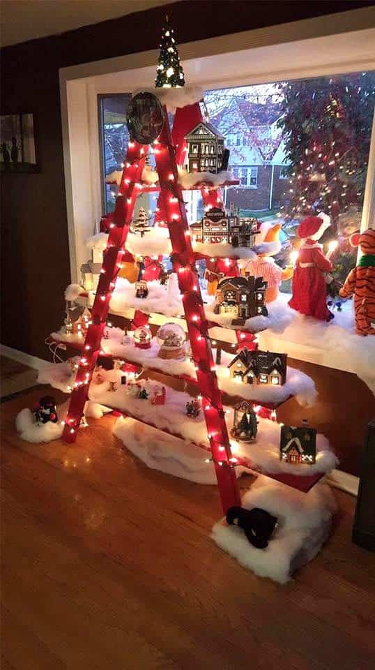 Red Ladder Christmas Tree with a Wood Slats Village