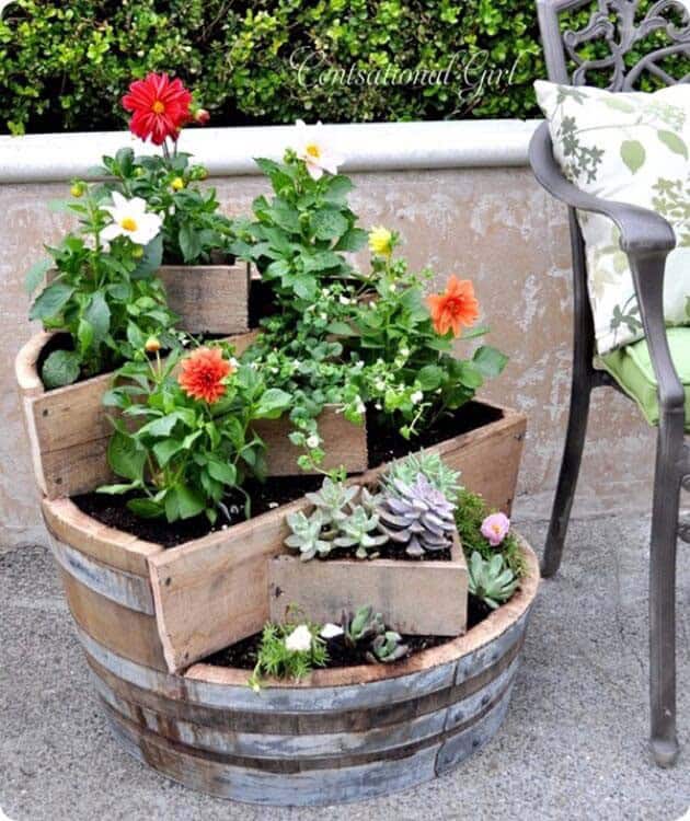 Large Wood Barrel Becomes Tiered Planter