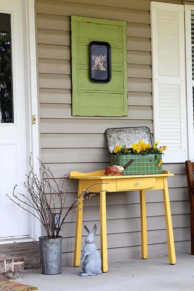 Porch Wall Decoration with a Cabinet Door and Painted Tray