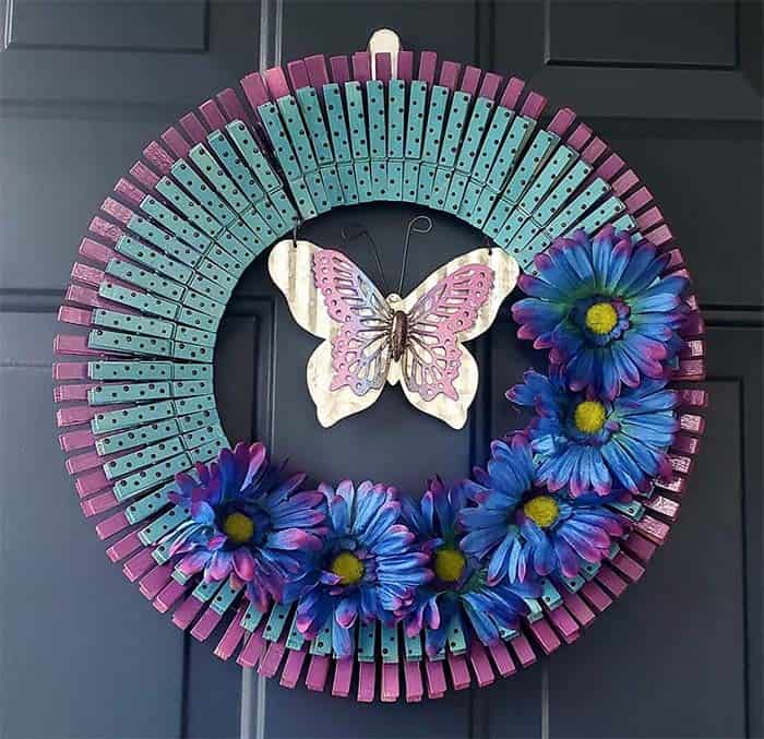 DIY Clothespin Wreath with Purple and Turquoise Accents