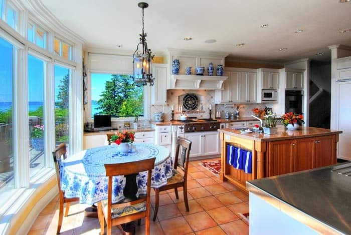 Retro Terra Cotta Tile Floor With Blue Accents Country Kitchen Idea