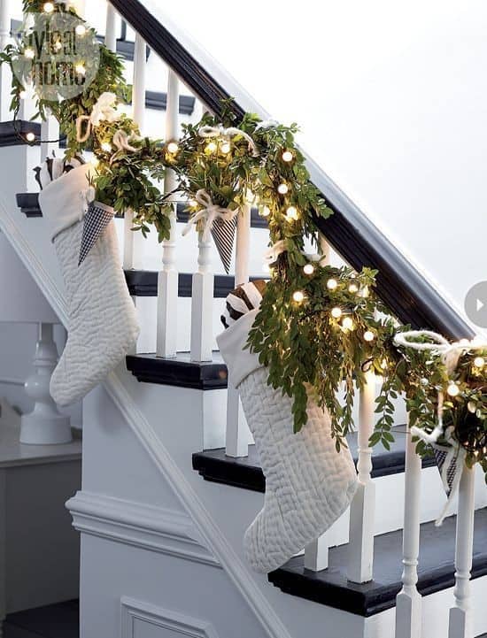 Hang White Stockings to Your Gardenia Staircase Garland