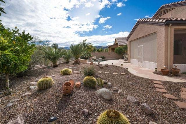 Desert Landscape with Golden Barrel Cacti and Date Palms