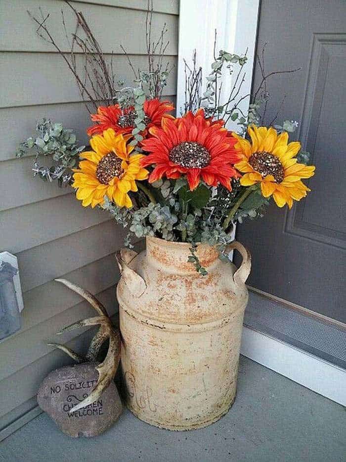 Vibrant Sunflowers Accent Vintage Milk Can