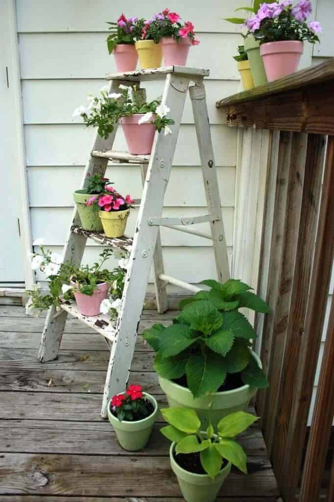 Colorful Pastel Pots Highlight A White Ladder