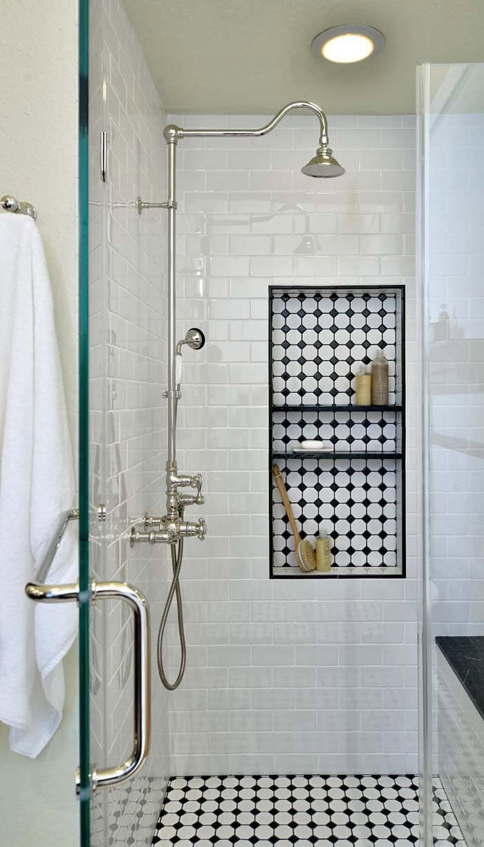 Black and White Inlay Adds Drama To Clean White Shower