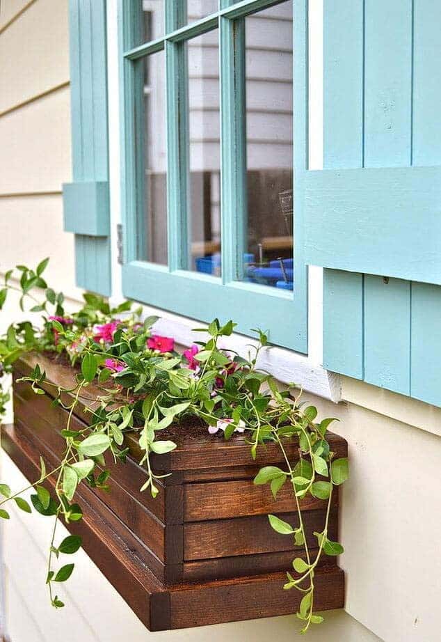 Dark-Stained Wooden Window Flower Boxes