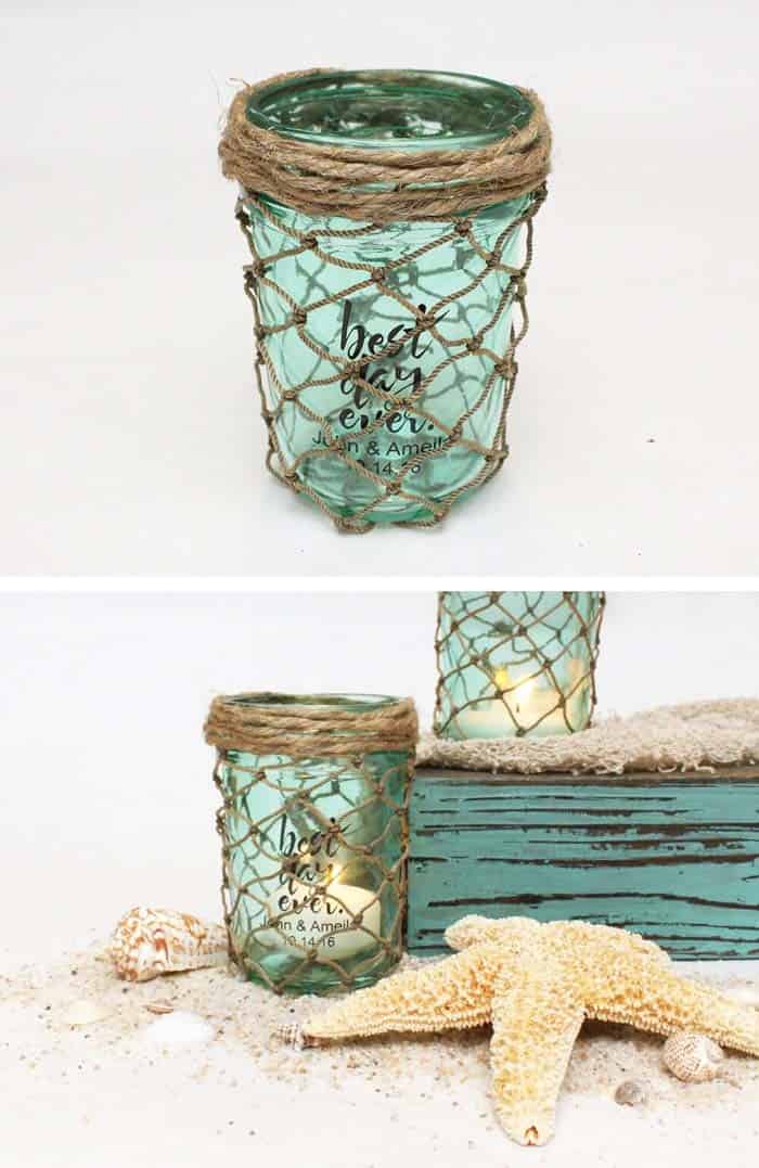 DIY Rope Net Wrapped Mason Jar for Nautical Decor