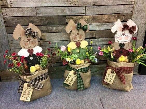 Easter Decor with Burlap Sacks and Wood Bunnies