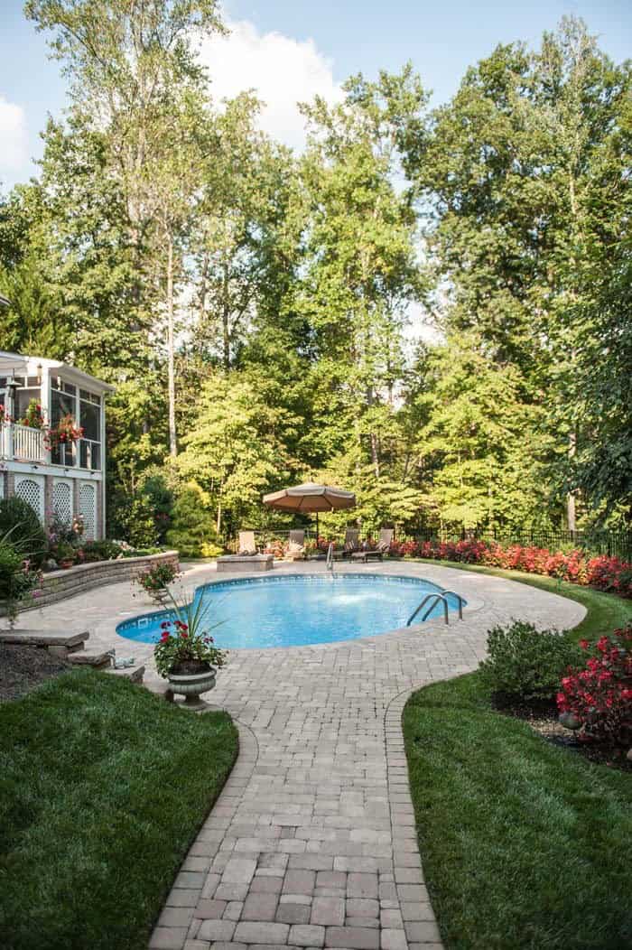 Brick Walkway and Patio with Fire Pit and Flower Garden