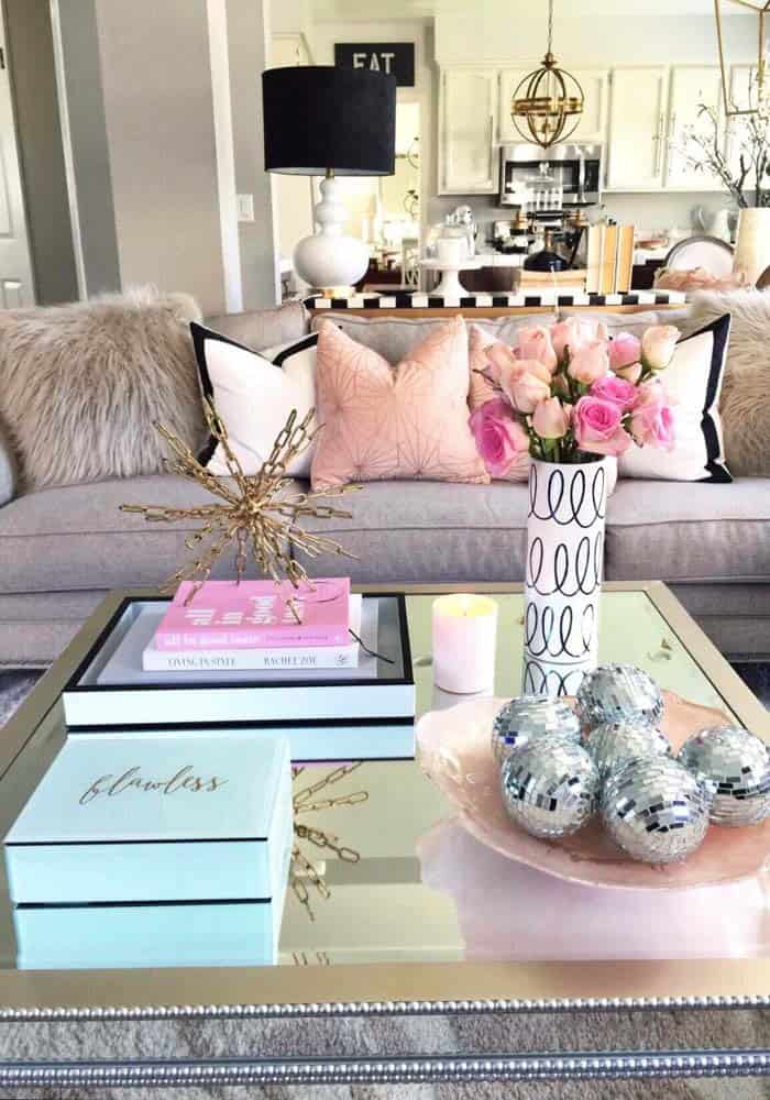 Mirrors and Pink Accents Bring Girly Glamor to Coffee Table