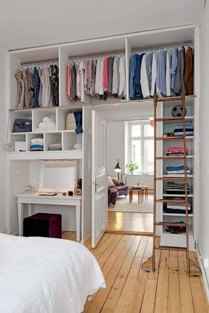 Small Bedroom Storage with Open Shelving and Hanging Space