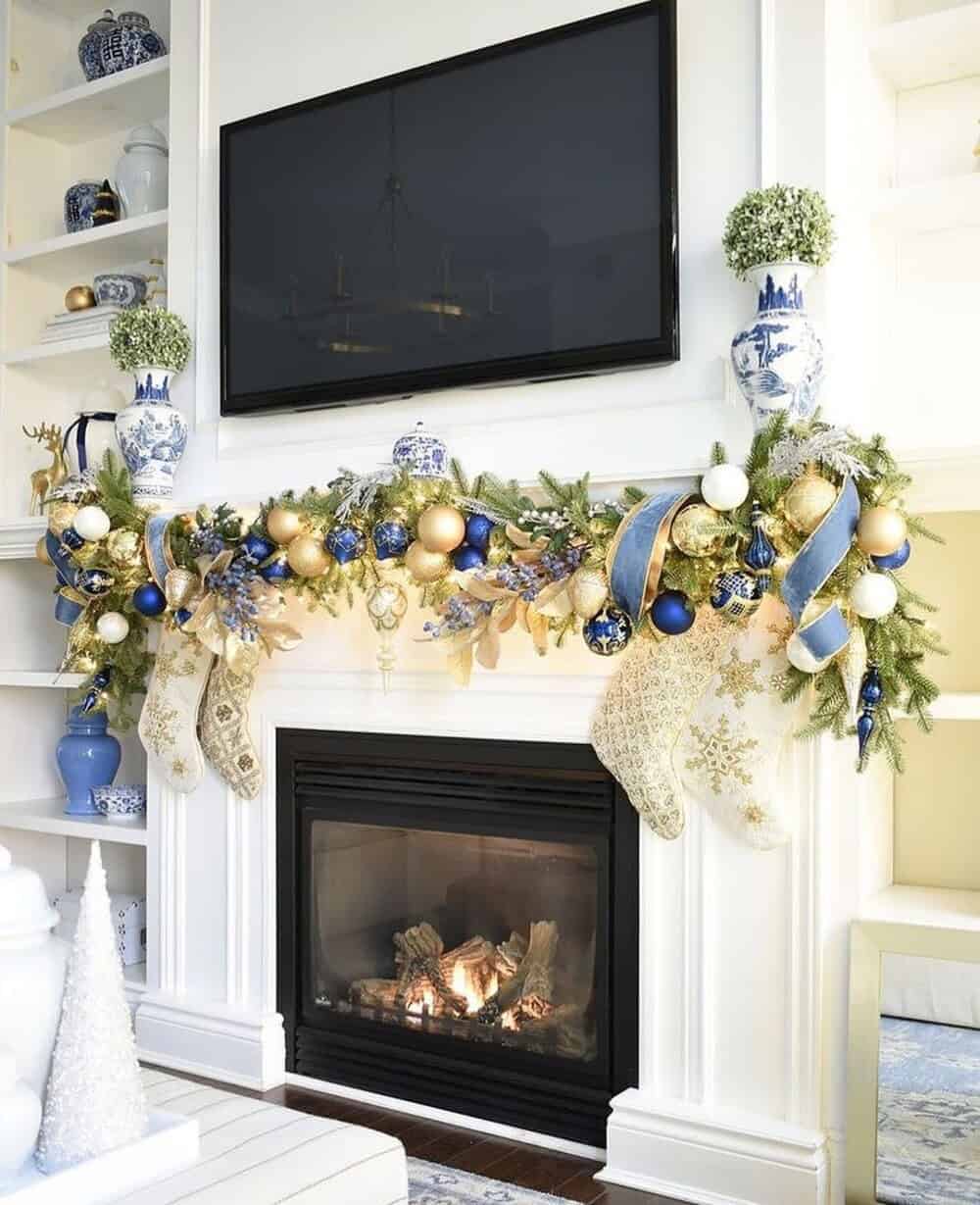 Mantel Decoration With Blue And Gold Baubles