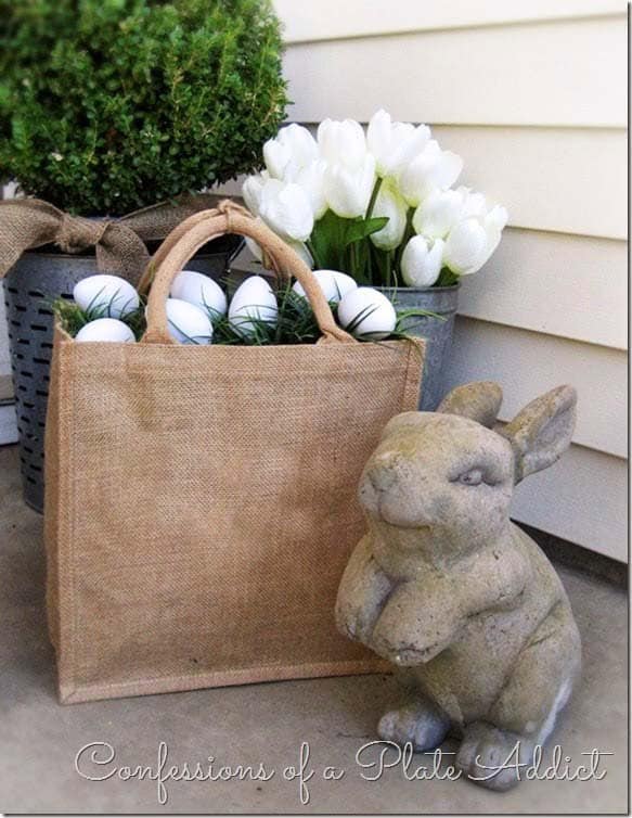 Use a Grass and Egg Burlap Sack with a Bunny Accent