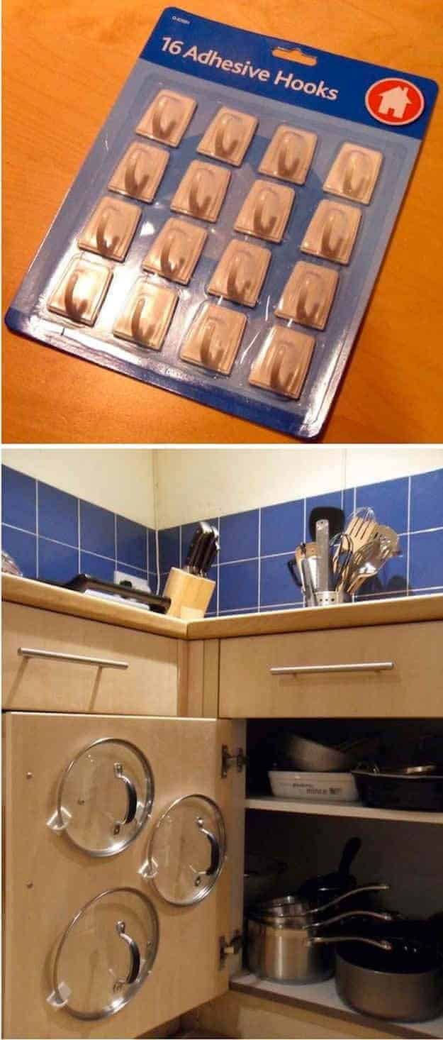 Organize Kitchen Cabinet Lids with Adhesive Hooks