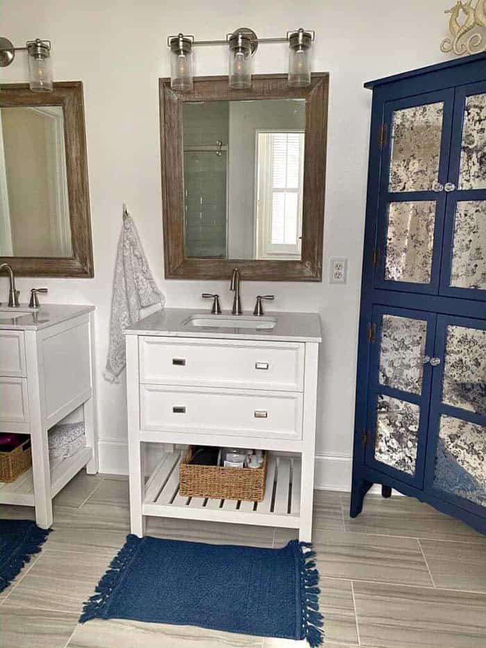 Coastal Rustic Bathroom With Mercury Glass Hutch