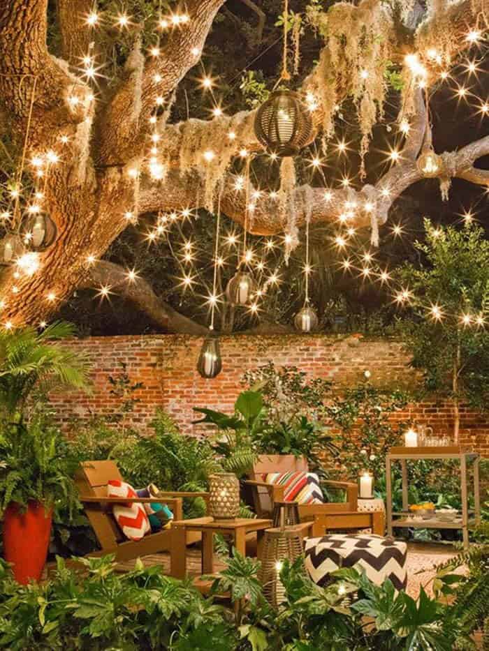 Romantic Patio with Two Lounges and Decorative Lighting