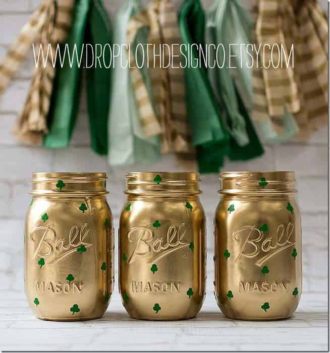 Add Shamrock Decor Pieces to Gold Mason Jars