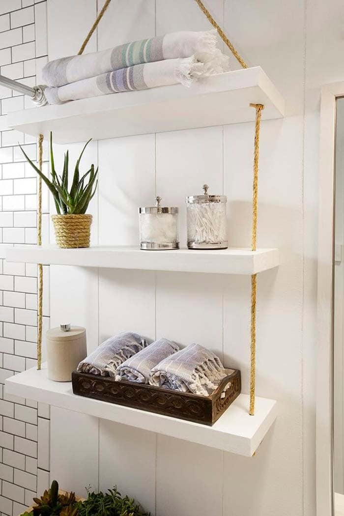 Hanging Shelves With Wood Paneling