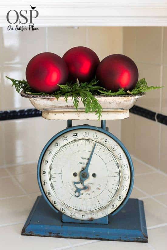 Revamp a Vintage Kitchen Scale with Red Christmas Baubles