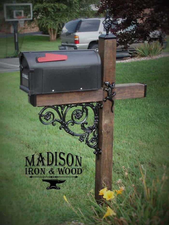 Custom Ironwork and Wood Mailbox Post