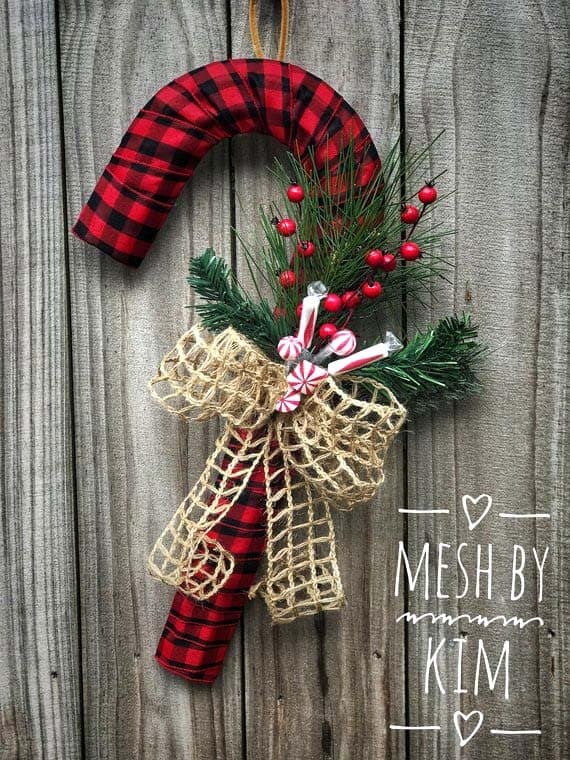 Make a Buffalo Plaid Candy Cane Wreath with Burlap Bow