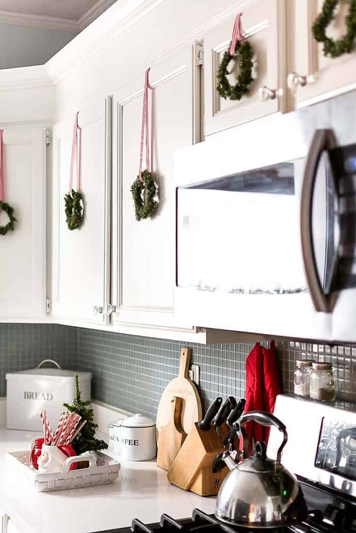 Enhance Your Kitchen Cabinets with Mini Boxwood Wreaths