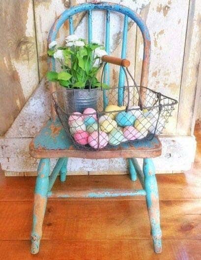 Vintage Easter Decor with Rustic Chair and Egg Basket