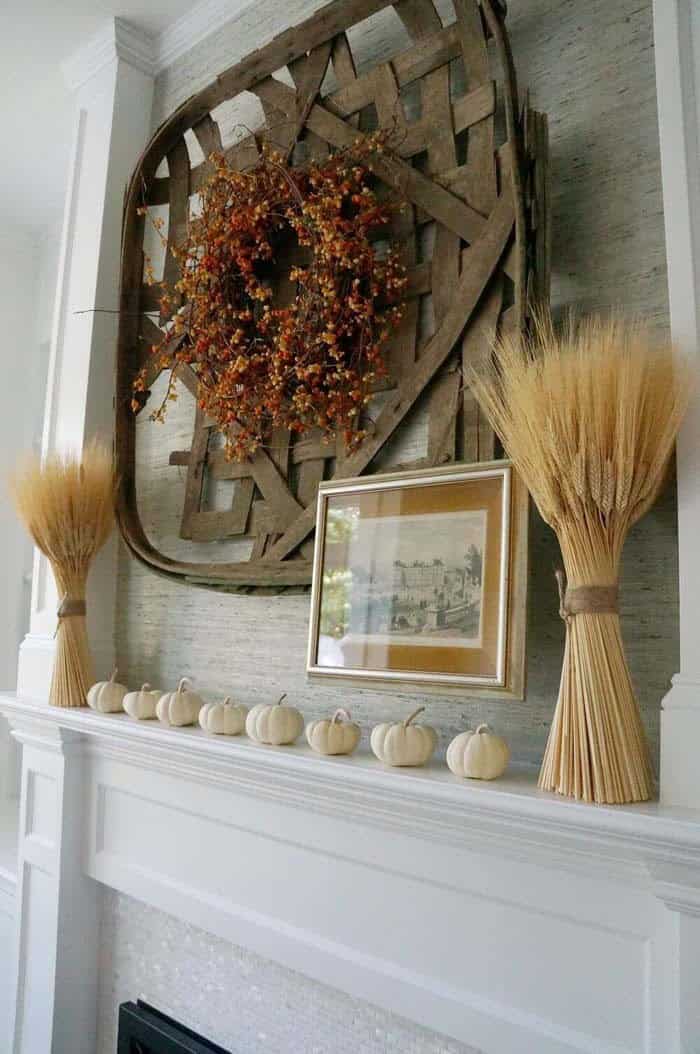 Mantel with a Rustic Fall Wreath and Wicker Backdrop