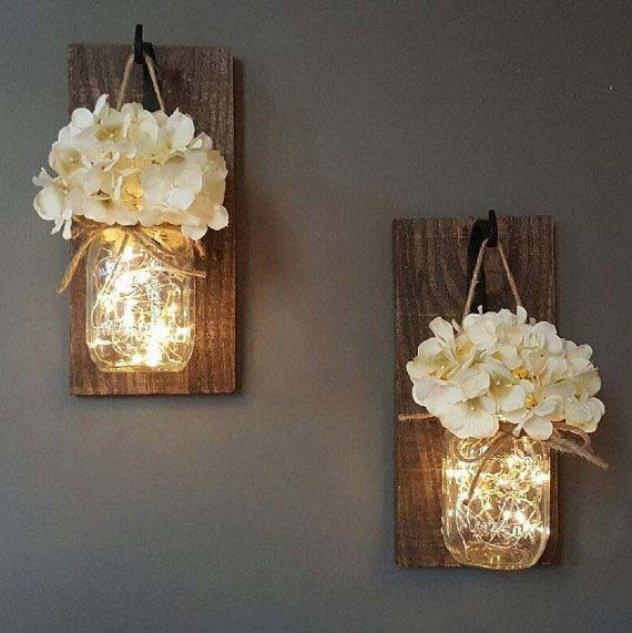 DIY Mason Jar Wall Sconce with Fairy Lights and Flowers