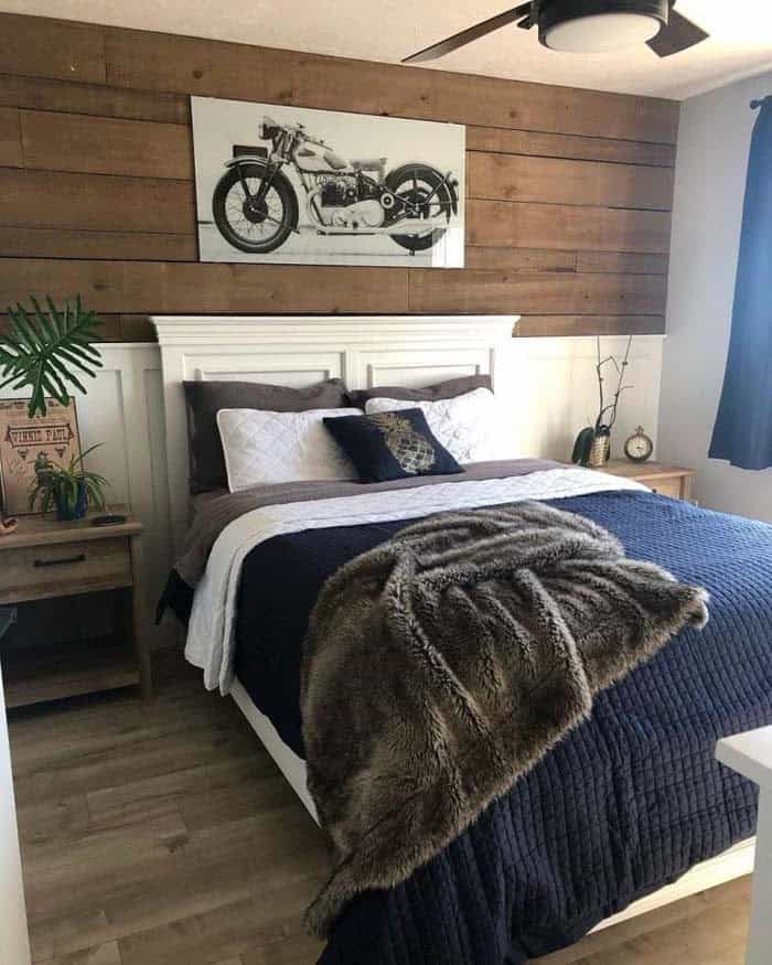 Half Molding & Half Wood Planks Bedroom Wall