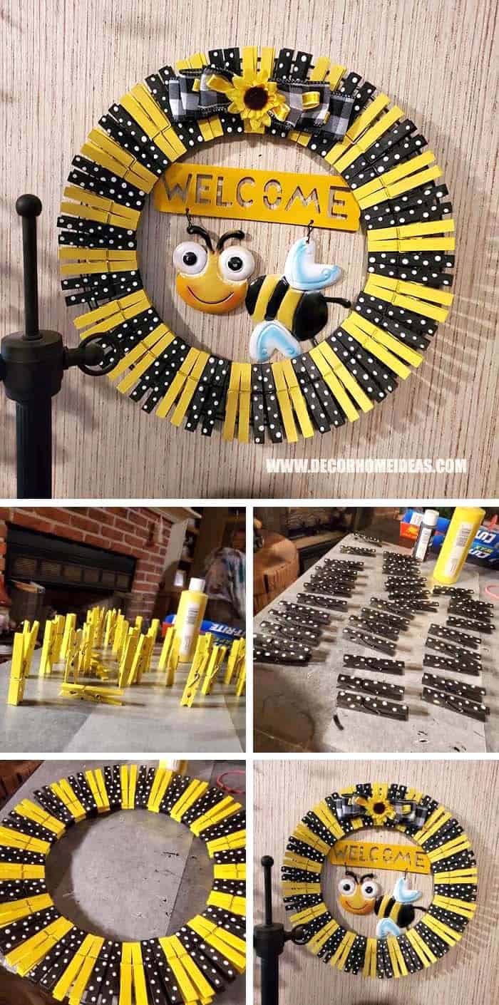 DIY Clothespin Wreath with Bee and Sunflower Accents