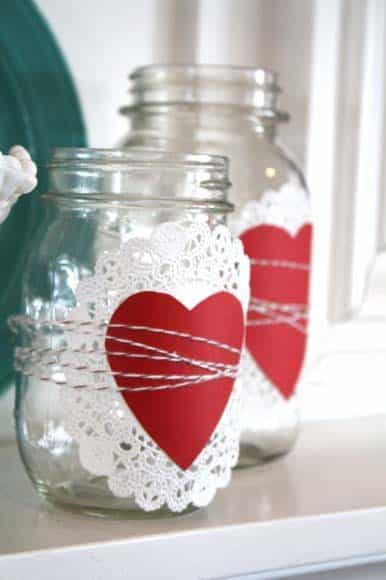 Heart-Adorned Mason Jars with Lace