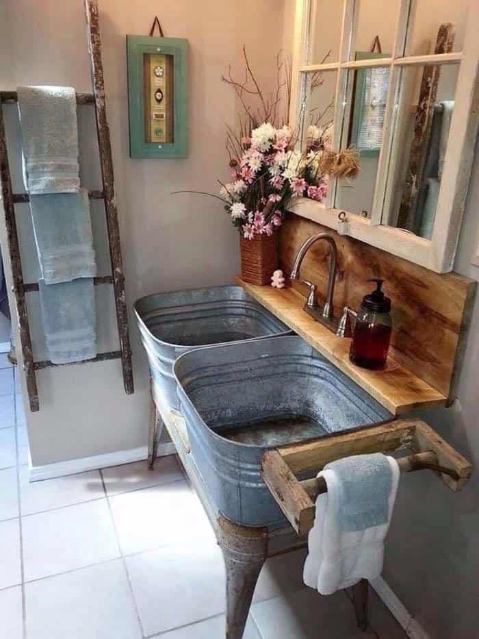 Rustic Dual-Sink Vanity with Galvanized Tubs