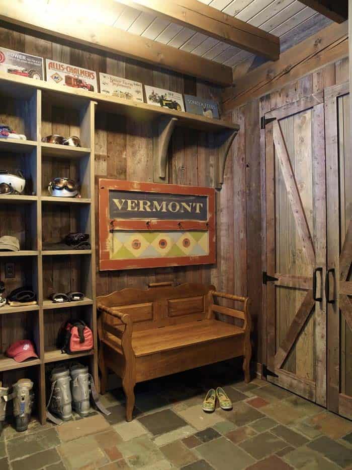 Entryway with Reclaimed Wood Cubbies and Vintage Bench